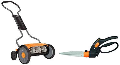 Fiskars Spindelmäher, Rasenmäher mit berührungslosem Schneidesystem, Schnittbreite: 43 cm, StaySharp Plus, Schwarz/Orange/Silber, 1015649 & Rasenkantenschere, Länge: 32 cm, Schwarz/Orange von Fiskars