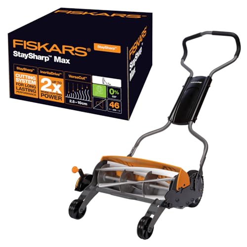 Fiskars Spindelmäher, Rasenmäher mit berührungslosem Schneidesystem, Schnittbreite: 46 cm, StaySharp Max, Schwarz/Orange/Silber, 1000591 von Fiskars