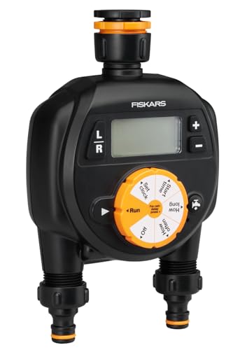 Fiskars Zeitschaltuhr/Timer mit 2 Ausgängen, Für alle gängigen Wasserhahngrößen, Leicht ablesbares LCD-Display, Universalgröße, 580 g, Schwarz/Orange, 1054792 von Fiskars