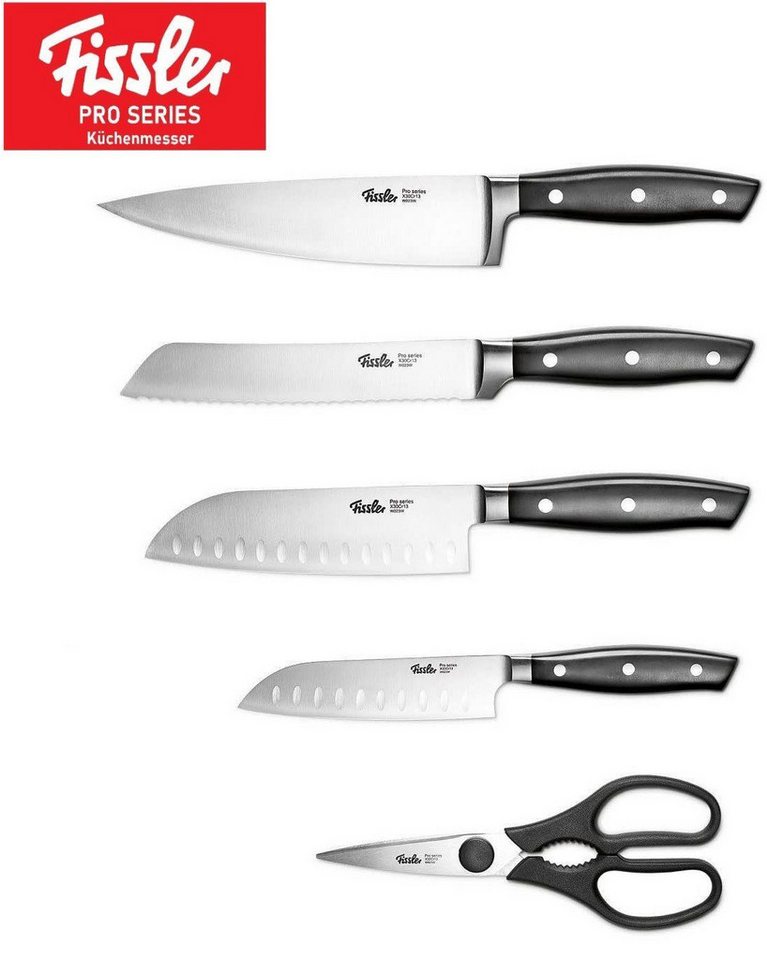 Fissler Messer-Set Profi Küchenmesser Kochmesser Fleischmesser Brotmesser Sushimesser (rostfrei, vernietete Griffe, Spülmaschinenfest, Gemüsemesser, Messer, gehärtete Spezialklingen, extra scharf), Messerset, Küchenmesser Fleischmesser, Allzweckmesser Sushi Messer von Fissler