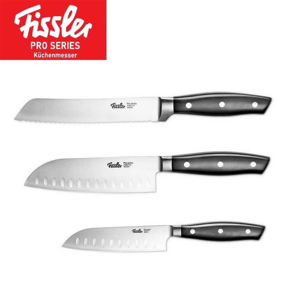 Fissler Messer-Set Profi Santoku Messer 13cm+16cm & Brotmesser 18cm 3 Tlg, Santokumesser (rostfrei, vernietete Griffe, Spülmaschinenfest, Gemüsemesser, Messer, 3-tlg., Edelstahl Universalmesser mit, Laserschliff, gehärtete Spezialklinge), Kochmesser, Fleischmesser, Schneidemesser, Fleischermesser Sushimesser von Fissler