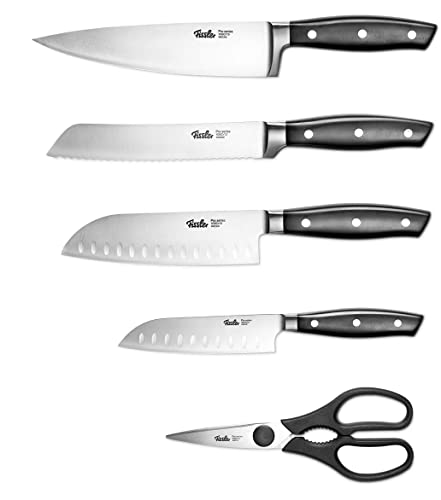 Fissler PROFI Messerset 5 tlg, Spezialklingen-Edelstahl geschmiedet - scharf, 4 Küchenmesser & Küchenschere Set, Kochmesser / 2 Santoku-Messer/Brotmesser/Schere von Fissler