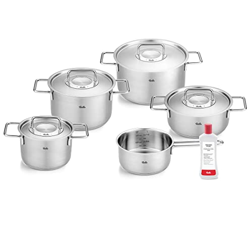 Fissler Pure Collection / Edelstahl-Kochtopfset, 6-teilig, Töpfe mit Metall-Deckel (3 Kochtöpfe,1 Bratentopf 1 Stielkasserolle 1 Edelstahlpflege) - Induktion von Fissler