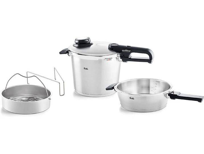 Fissler Schnellkochtopf Vitavit® premium Edelstahl Schnellkochtopf-Set 4-teilig, Edelstahl 18/10 (4-tlg), Verriegelungsanzeige, Einstellbares Abdampfen von Fissler
