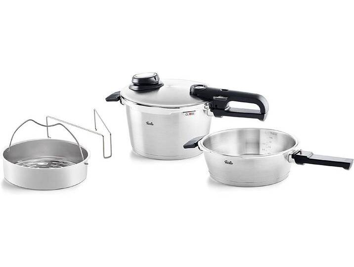 Fissler Schnellkochtopf Vitavit® premium Edelstahl Schnellkochtopf-Set 4-teilig, Edelstahl 18/10 (4-tlg), Verriegelungsanzeige, Einstellbares Abdampfen von Fissler