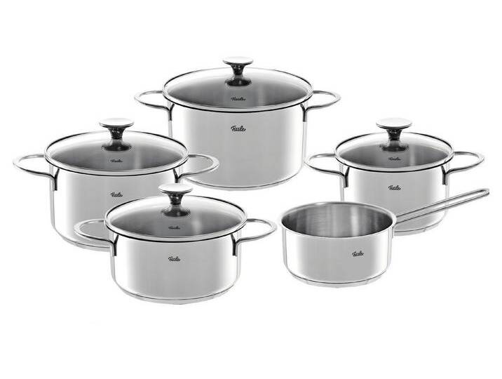 Fissler Topf-Set COPENHAGEN, 5-teilig, mit Glasdeckel, Edelstahl 18/10, Backofengeeignet bis 180 °C, mit Schüttrand, grau von Fissler