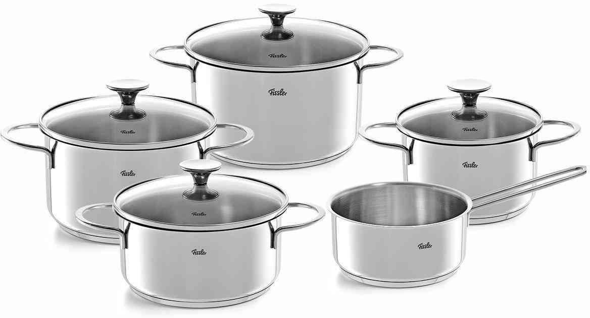 Fissler Topf-Set Copenhagen, Edelstahl 18/10 (Set, 9-tlg., Bratentopf 20 cm, je 1 Kochtopf 16/20/24 cm, Stielkasserolle 16 cm), Töpfe mit Glasdeckel, Mess-Skala, Induktion, backofengeeignet von Fissler