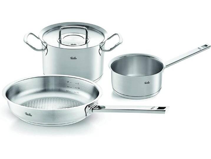 Fissler Topf-Set ORIGINAL-PROFI COLLECTION® Edelstahl-Topfset, Edelstahl 18/10 (4-tlg., 1x Kochtopf Ø 20 cm, 1x Stielkasserolle Ø 16 cm, 1x Pfanne Ø 24 cm), mit breitem Schüttrand von Fissler