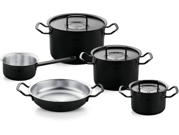 Fissler Topf-Set Original-Profi Collection ShadowLine, Edelstahl 18/10 (Set, 8-tlg., 3 Kochtöpfe mit Metalldeckel, 1 Servierpfanne, 1 Stielkasserolle), Auf 1.800 Stück limitiert, Echtheitszertifikat von Fissler