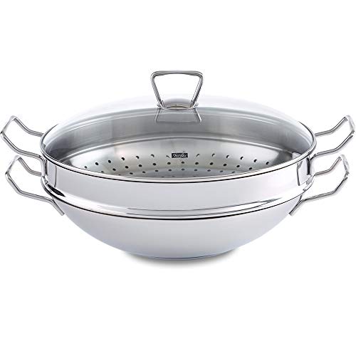 Fissler Nanjing / Edelstahl-Wok (Ø 36 cm) große Wok-Pfanne unbeschichtet,Asiapfanne mit Glas-Deckel, inkl. Dämpfeinsatz, alle Herdarten - auch Induktion von Fissler