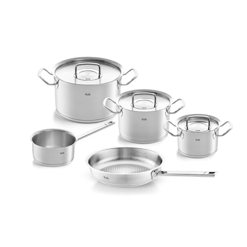 Fissler Original-Profi Collection / Edelstahl-Kochtopfset, 5-teilig, Topf mit Metall-Deckel (3 Kochtöpfe,1 Pfanne-unbeschichtet, 1 Stielkasserolle-deckellos) - Induktion, Silber von Fissler