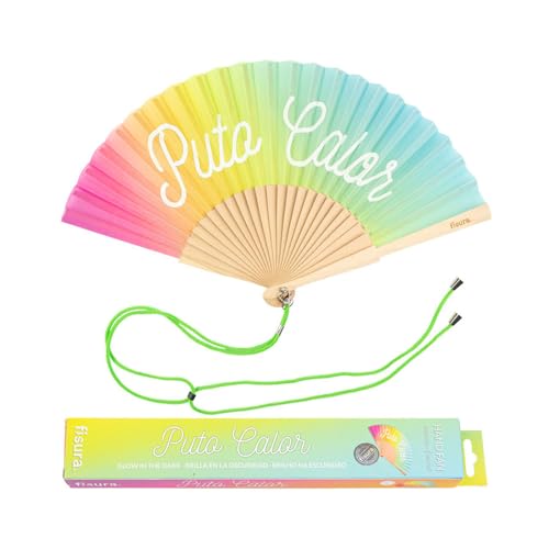 Fisura - Origineller Handfächer mit Botschaft "p*to calor". Moderner und lustiger Holzfächer. Mehrfarbiger Regenbogenfächer. Leuchtet im Dunkeln. Maße: 42,5 x 23 cm. Holz und Textil. von FISURA