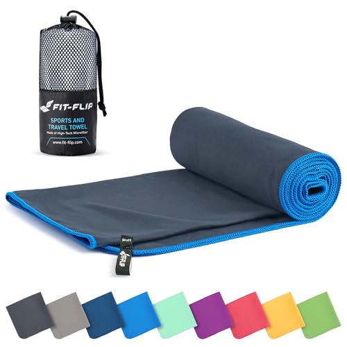 Fit-Flip Mikrofaser Handtuch - kompakte Microfaser Handtücher - ideal als Sporthandtuch, Reisehandtuch, Strandtuch - schnelltrocknend und leicht - Badetuch groß (50x100cm, Dunkelgrau-Blau) von Fit-Flip