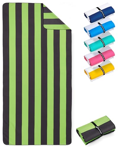 Fit-Flip Strandtuch XXL - Mikrofaser Badetuch - Strandtücher leicht und schnelltrocknend - 100% recyceltes Mikrofaser Handtuch - Strandhandtuch zum Baden (Grün-Dunkelgrau gestreift 200x90cm) von Fit-Flip