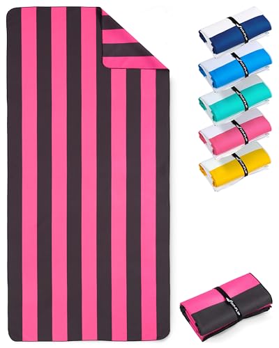 Fit-Flip Strandtuch XXL - Mikrofaser Badetuch - Strandtücher leicht und schnelltrocknend - 100% recyceltes Mikrofaser Handtuch - Strandhandtuch zum Baden (Pink-Dunkelgrau gestreift 200x90cm) von Fit-Flip