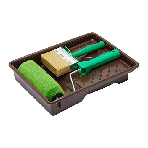 Fit For The Job 4-Teil. 175mm-Rollenset u. 100mm-Blockbürste f. Heimwerkerstreicharbeiten mit Beize an Außenholz, Schuppen, Zäunen u. Gartenmöbeln, für glatt gehobeltes und grob gesägtes Holz von Fit For The Job