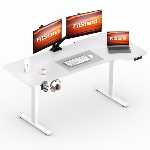 FitStand 160x75cm höhenverstellbarer Schreibtisch Electric Lift Desk mit Tischplatte, Stehpult, Lift Computertisch mit Haken, Memory-Funktion für Büro und Zuhause - Weiß von FitStand