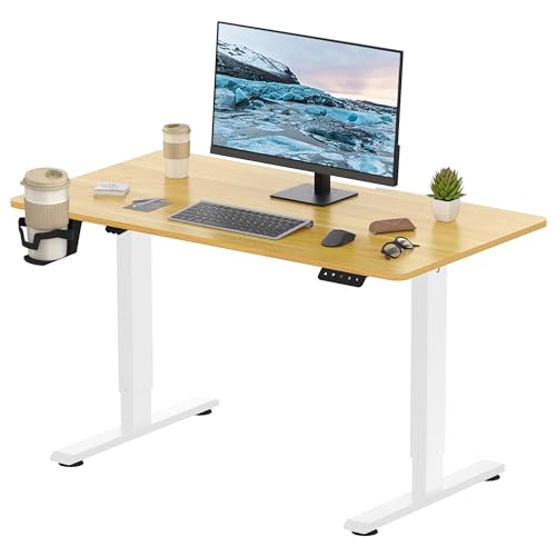 FitStand Elektrischer Stehschreibtisch 110x60cm, höhenverstellbarer Stehschreibtisch Sitz-Steh-Schreibtisch Verstellbarer Stehschreibtisch für das Home Office (Weißes Gestell + Ahornplatte) von FitStand