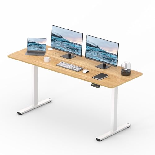 FitStand Elektrisches Stehpult 160x60cm, höhenverstellbares Stehpult mit Kopfhörerhaken, Stehpult für das Home Office mit Memory-Funktion und Kindersicherung (weißes Gestell + Ahornplatte) von FitStand