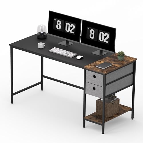 FitStand FD 140x60x75cm Fester Tisch, Fester Schreibtisch, Computertisch mit Bücherregal, Home Office PC-Tisch mit 2 Tier Lagerregalen, Schreibtisch mit Bücherregal (Eiche Vintage und Schwarz) von FitStand