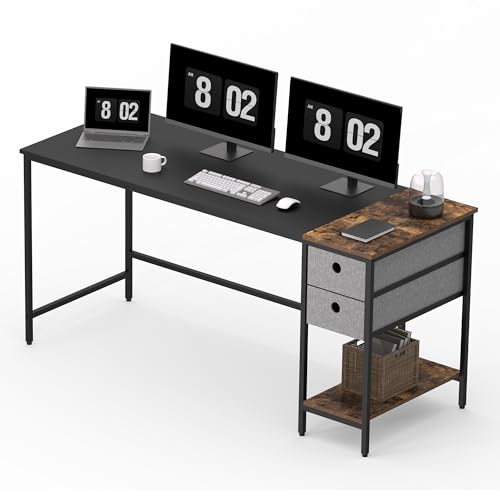 FitStand FD 160x60x75cm Fester Tisch, Fester Schreibtisch, Computertisch mit Bücherregal, Home Office PC-Tisch mit 2 Tier Lagerregalen, Schreibtisch mit Bücherregal (Eiche Vintage und Schwarz) von FitStand