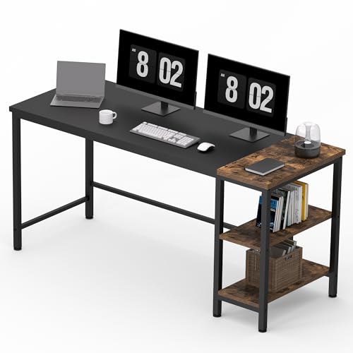 FitStand FD4 160x60x75cm Fester Tisch, Fester Schreibtisch, Computertisch mit Bücherregal, Home Office PC-Tisch mit 2 Tier Lagerregalen, Schreibtisch mit Bücherregal (Eiche Vintage und Schwarz) von FitStand