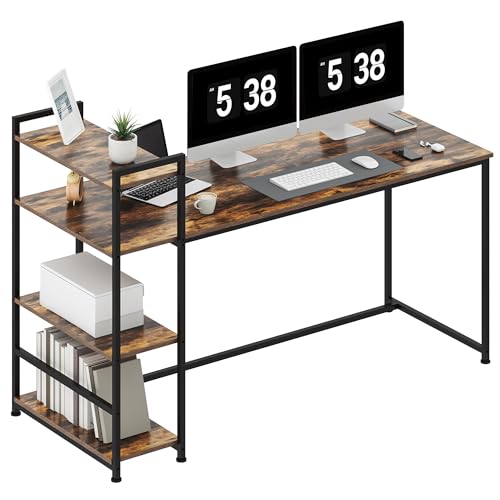 FitStand FD5 160x60x75cm Fester Tisch, Fester Schreibtisch, Computertisch mit Bücherregal, Home Office PC-Tisch mit 4 Tier Lagerregalen, Schreibtisch mit Bücherregal (Eiche Vintage und Schwarz) von FitStand