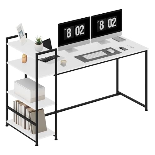 FitStand FD5 160x60x75cm Fester Tisch, Fester Schreibtisch, Computertisch mit Bücherregal, Home Office PC-Tisch mit 4 Tier Lagerregalen, Schreibtisch mit Bücherregal (Weiß) von FitStand