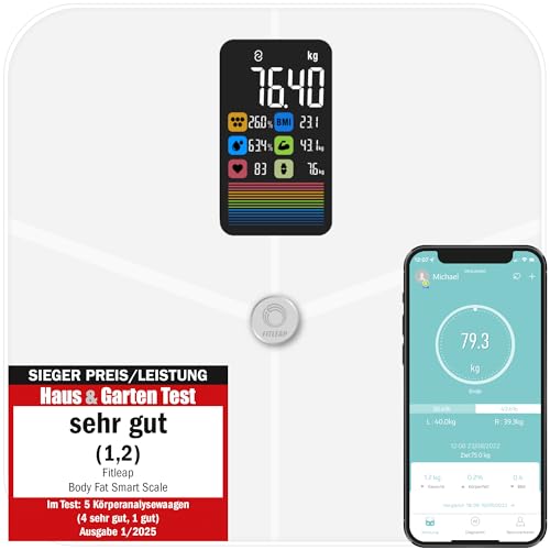Fitleap Waage mit Körperfett- & Muskelanalyse bis 180kg, mit großen Display & App, Personenwaage und Körperfettwaage, auch für große Füße geeignet von Fitleap