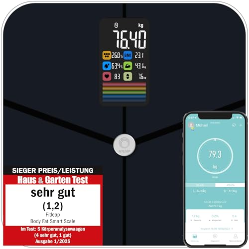 Fitleap Waage mit Körperfett- & Muskelanalyse bis 180kg, mit großen Display & App, Personenwaage und Körperfettwaage auch für große Füße geeignet von Fitleap