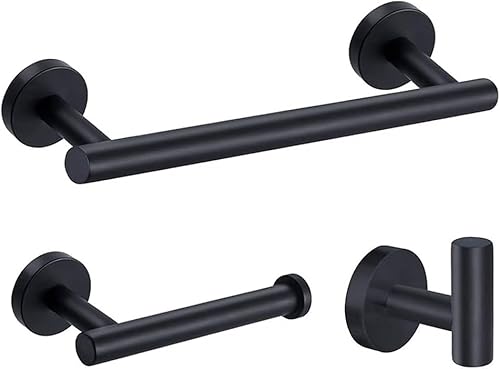 Fitlin 3-teiliges Badezimmer-Hardware-Set, Handtuchhalter aus mattschwarzem 304-Edelstahl, Toilettenpapierhalter, Bademantelhaken von Fitlin