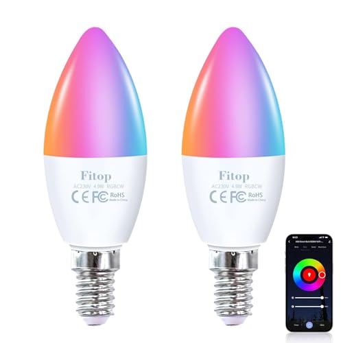 Fitop Alexa Smart Glühbirnen, E14 Wlan LED Lampen Dimmbar Glühbirne 4.9W 470Lm, 2700-6500K, RGB 16 Millionen Farben, App Steuern Kompatibel mit Alexa/Google Home, Sprachsteuerung 2 Pack von Fitop