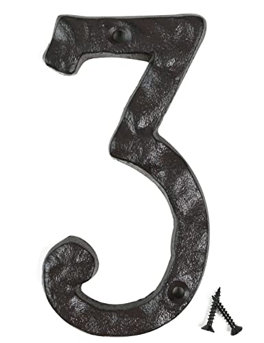 Fitous 14 cm, schwarz, Hausnummern aus Gusseisen, Original-rustikale Oberfläche, Hausadressnummer für draußen, robuster Vintage-Hammerschlag-Look, maximaler Rostschutz, (Nummer 3) von Fitous
