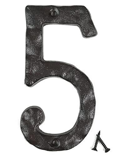 Fitous 14 cm, schwarz, Hausnummern aus Gusseisen, Original-rustikale Oberfläche, Hausadressnummer für draußen, robuster Vintage-Hammerschlag-Look, maximaler Rostschutz, (Nummer 5) von Fitous