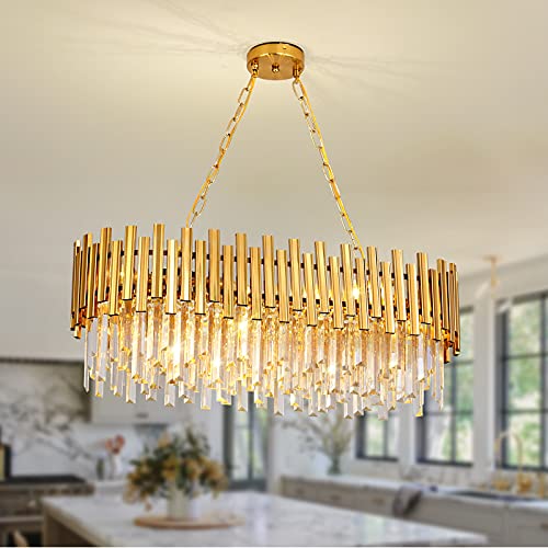 Fitsai Modern Kristall Pendelleuchte Gold Kronleuchter, Rund Kristall Hängeleuchte, Häengelampe für Wohnzimmer, Esszimmer, Schlafzimmer, Restaurant, E14 x 8 von Fitsai