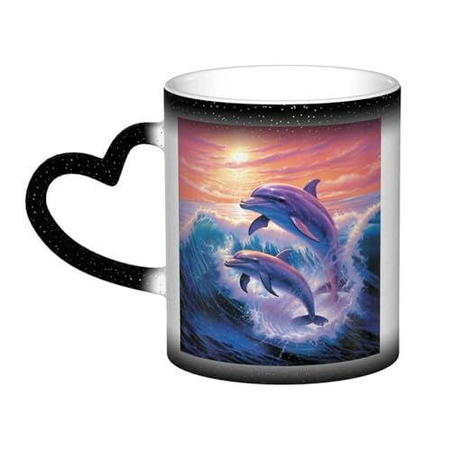 Keramiktasse, Delfine, Kunstdruck, Farbwechsel, Tasse im Himmel, Kaffeetasse, personalisierte Zaubertasse, Teetasse, wärmeempfindliche Kaffeetassen von Fittg