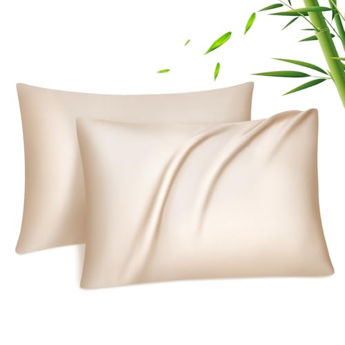 Fittia 2er-Set Lyocell Bambus Kissenbezug Bambusfaser Kopfkissenbezug Kissenhülle Seidig weichkühlend atmungsaktiv mit verdecktem Reißverschluss, Beige, 50x75cm von Fittia