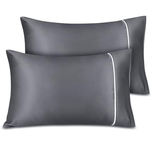 Fittia Premium 2er Set Satin Kissenbezug 40x60cm Superweich Kopfkissenbezug Kissenhülle Kissen mit Hotelverschluss für Haar und Haut, Dunkelgrau + Weiß von Fittia