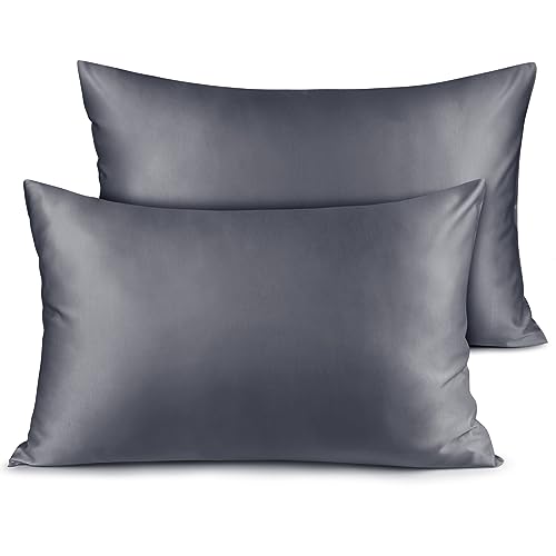 Fittia Premium 2er Set Satin Kissenbezug 40x60cm Superweich Kopfkissenbezug Kissenhülle Kissen mit Hotelverschluss für Haar und Haut, Dunkelgrau von Fittia