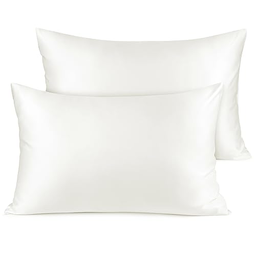 Fittia Premium 2er Set Satin Kissenbezug 40x60cm Superweich Kopfkissenbezug Kissenhülle Kissen mit Hotelverschluss für Haar und Haut, Elfenbein von Fittia