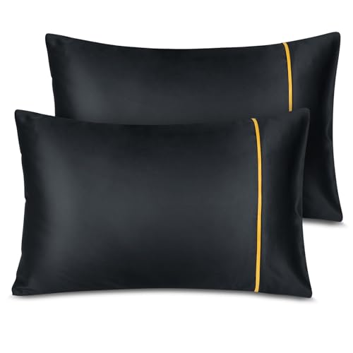 Fittia Premium 2er Set Satin Kissenbezug 40x60cm Superweich Kopfkissenbezug Kissenhülle Kissen mit Hotelverschluss für Haar und Haut, Schwarz + Gold von Fittia