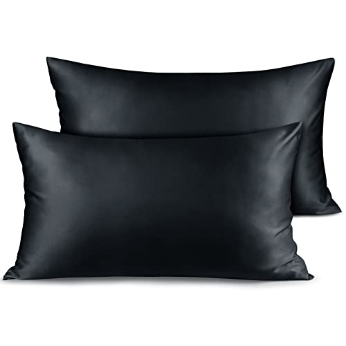 Fittia Premium 2er Set Satin Kissenbezug 40x80cm Superweich Kopfkissenbezug Kissenhülle Kissen mit Hotelverschluss für Haar und Haut, Schwarz von Fittia