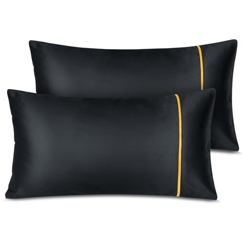 Fittia Premium 2er Set Satin Kissenbezug 40x80cm Superweich Kopfkissenbezug Kissenhülle Kissen mit Hotelverschluss für Haar und Haut, Schwarz + Gold von Fittia