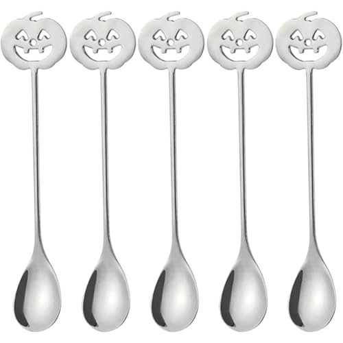 Fituenly 5 Stück Halloween-löffel Aus Edelstahl, Multifunktionaler Kaffeerührer Und Dessertlöffel Kürbiskopf-Design – Unverzichtbar Für Backen, Partys Und Feiertage von Fituenly