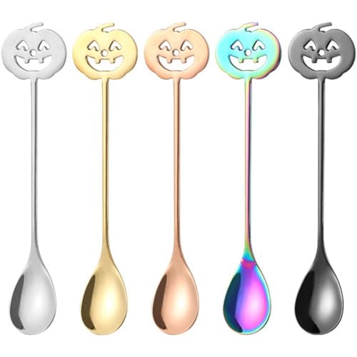 Fituenly 5 Stück Halloween-löffel Aus Edelstahl, Multifunktionaler Kaffeerührer Und Dessertlöffel Kürbiskopf-Design – Unverzichtbar Für Backen, Partys Und Feiertage von Fituenly