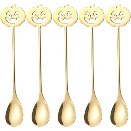 Fituenly 5 Stück Halloween-löffel Aus Edelstahl, Multifunktionaler Kaffeerührer Und Dessertlöffel Kürbiskopf-Design – Unverzichtbar Für Backen, Partys Und Feiertage von Fituenly