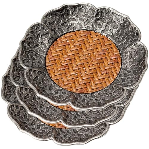 Fituenly Chinesische Retro Legierung Matte Untersetzer 3 Stücke Rattan Gewebt Hammer Muster Tasse Halter Set Wärmedämmung Matte Tee-Set Tee Zeremonie Zubehör von Fituenly