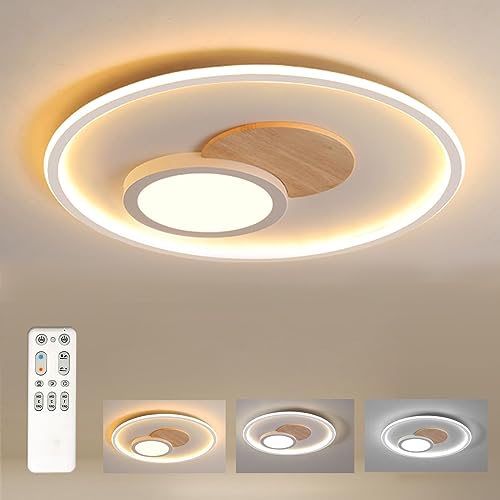 FitzMia LED Deckenleuchte, Deckenlampe mit Holz, Deckenlampen Dimmbar mit Fernbedienung, Moderne Runde Holz Deckenlampe für Schlafzimmer Kinderzimmer Wohnzimmer Küche (∅31.5CM 24W) von FitzMia