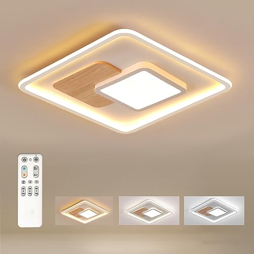 FitzMia Quadrat LED Deckenleuchte, Deckenlampe mit Holz, Deckenlampen Dimmbar mit Fernbedienung, Moderne Runde Holz Deckenlampe für Schlafzimmer Kinderzimmer Wohnzimmer Küche (31.5 * 31.5CM 30W) von FitzMia