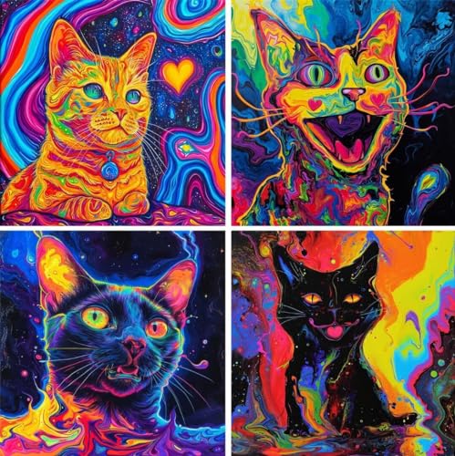 4 Pack Diamond Painting Katze, DIY 5D Diamant Painting Bilder Kinder Graffiti Diamond Painting Set, Diamand Art Erwachsene Gifts mit Eckige Vollbohrer Stickerei Malerei für Eingang Dekoration 32x32CM von Fiububu